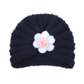 Bonnet turban tricoté bleu foncé pour bébé avec une grande fleur rose et bleu clair douce - Bleu Marine (Grande Fleur)