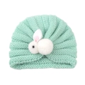 Cute mint green knit baby hat with a 3D plush rabbit decoration for infants - Turquoise Blue