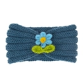 Bandeau tricoté bleu foncé pour bébé avec fleur au crochet faite main et feuilles vertes - Bleu Paon