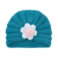 Bonnet en tricot bleu sarcelle pour bébé avec fleur en feutre et pompon rose - Bleu Paon (Grande Fleur)