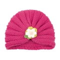 Rose red knitted baby turban hat with a delicate handmade crochet flower decoration - Rose Red (Yarn Flower)