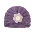Bonnet turban tricoté violet pour bébé avec fleur lavande et pompon en fausse fourrure - Gris Fumé (Grande Fleur)