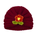 Burgundy baby turban hat with handmade crochet flower and leaf knit detail - Burgundy
