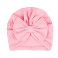 Close-up of pink waffle knit baby turban hat featuring a large soft decorative bow - Pink (Water Ripple)