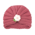 Rose pink baby knit turban hat with crochet flower decoration and ribbed texture - Dusty Rose (Yarn Flower)