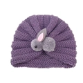 Soft purple knitted baby beanie featuring a cute grey plush bunny decoration - Smoke