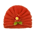 Red baby knit turban hat with yellow flower and green leaves for autumn and winter wear - Orange