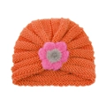 Bonnet turban tricoté pour bébé orange avec fleur en peluche rose et pompon gris - Orange (Grande Fleur)