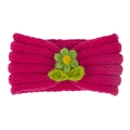 Bandeau bébé tricoté fuchsia avec détails de feuilles vertes et fleur faite main - Rose rouge