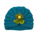 Peacock blue knitted baby turban hat with green and yellow crochet flower detail - Peacock Blue