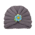 Knitted grey baby beanie featuring a blue crochet flower with yellow center detail - Gray (Yarn Flower)