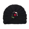 Knitted infant turban hat in black with a colorful handmade 3D crochet flower - Black (Yarn Flower)