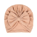 Baby Turban Mütze in Pfirsichrosa mit Waffelstrick-Struktur und großer Schleife - Hellkaffee