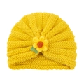 Soft yellow knitted baby turban hat with vibrant 3D floral decoration for winter warmth - Yellow (Yarn Flower)