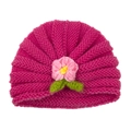 Rose red knitted baby beanie with handmade floral leaf crochet detail for autumn - Rose Red