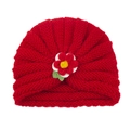 Baby red knit beanie with handmade colorful floral detail for winter warmth - Red (Yarn Flower)