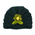 Dark green knitted baby beanie with handmade floral accent for autumn winter warmth - Dark Green