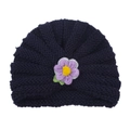 Navy blue knitted turban hat for toddlers featuring a cute 3D purple flower decoration - Navy Blue (Yarn Flower)