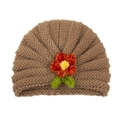 Brown baby turban hat with a red crochet flower and green leaf in warm knit fabric - Light Coffee