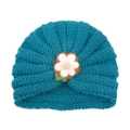 Infant turban knit hat in deep peacock blue with a three-layer decorative crochet flower - Peacock Blue (Yarn Flower)