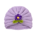Purple knit baby turban hat with a handmade crochet flower and green leaves decoration - Light Purple