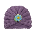 Purple knitted baby turban hat with a handmade crochet flower detail for autumn and winter - Smoky Gray (Yarn Flower)