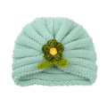 Mint green knit baby turban hat with a 3D handmade crochet flower for winter warmth - Turquoise Blue