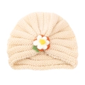 Cute beige knit baby turban hat with handmade crochet flower detail for winter warmth - Cream White (Yarn Flower)