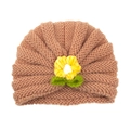 Baby knitted beanie in earth brown color featuring a decorative crochet flower and green leaves - Apricot