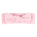 Close-up of baby stretchy headband featuring soft ribbed cotton fabric and knotted bow - Pink (Brushed)