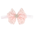 Fascia neonata rosa con fiocco in pizzo, perle e strass su morbido elastico confortevole - Rosa