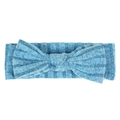 Detail of light blue ribbed knit baby headband featuring a large bow knot decoration - Blue (Brushed)