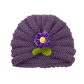 Deep purple knitted baby turban hat with a cute velvet flower and green leaf detail - Smoke