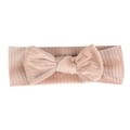 Pink rib-knit baby headband with a large bow detail for infant girls and newborns - Light Coffee