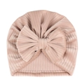 Close-up of baby turban hat showing soft ribbed texture and large bow detail - Light Coffee