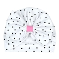 Baby cotton turban hat with black polka dots and a large pink center bow detail - White with Black Polka Dots