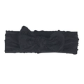 Close-up of black elastic newborn headband featuring a large bow and wavy ruffled edges - Black