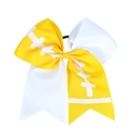 Detail of yellow and white cheerleading bow with football stitching pattern and elastic band - Yellow