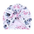 Bonnet turban pour bébé en coton à fleurs avec un grand nœud décoratif coloré - Blanc avec fleurs bleues