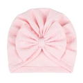 Gorro de recién nacido rosa claro con lazo grande y textura de punto acanalado - Estilo de Doble Raya Fina / Rosa