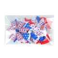 Dettaglio dei fermagli per capelli a fiocco Independence Day in confezione trasparente - Set 6 Fermagli Giorno Indipendenza USA