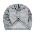 Close-up of grey knit cotton baby turban hat with a large decorative soft bow detail - Gray (Large Bow)