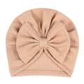 Turbante de punto acanalado rosa carne para recién nacidos con un lazo grande - Estilo de Doble Raya Fina / Café Claro