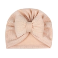 Detailed view of pink ribbed infant turban hat with a large decorative cotton bow - Light Coffee (Large Bow)