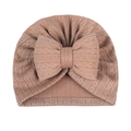 Detailed close-up of a knitted baby turban hat with a large bow in vintage brown fabric - Coffee (Large Bow)