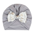 Grey baby turban hat featuring a large white grosgrain bow with shiny gold star patterns - Gray (Star Pattern)