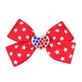 Detail of red grosgrain bow hair clip with white stars and heart rhinestone centerpiece - Red Star Style (4#)