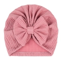 Detailed view of dark pink baby turban hat featuring a large bow and pleated knit texture - Pearlescent Dusty Rose