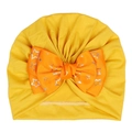 Yellow baby turban hat featuring a large orange bow with silver star prints for infants - Ginger Yellow (Star Pattern)