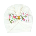 Detail of cream ribbed baby turban with floral bow and glitter gold center decoration - Pink Rose Floral Bow (MZ111) / White
